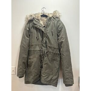 Aeropostale Large Olive Green Faux Fur Lined Hooded Parka Jacket Utility Womens